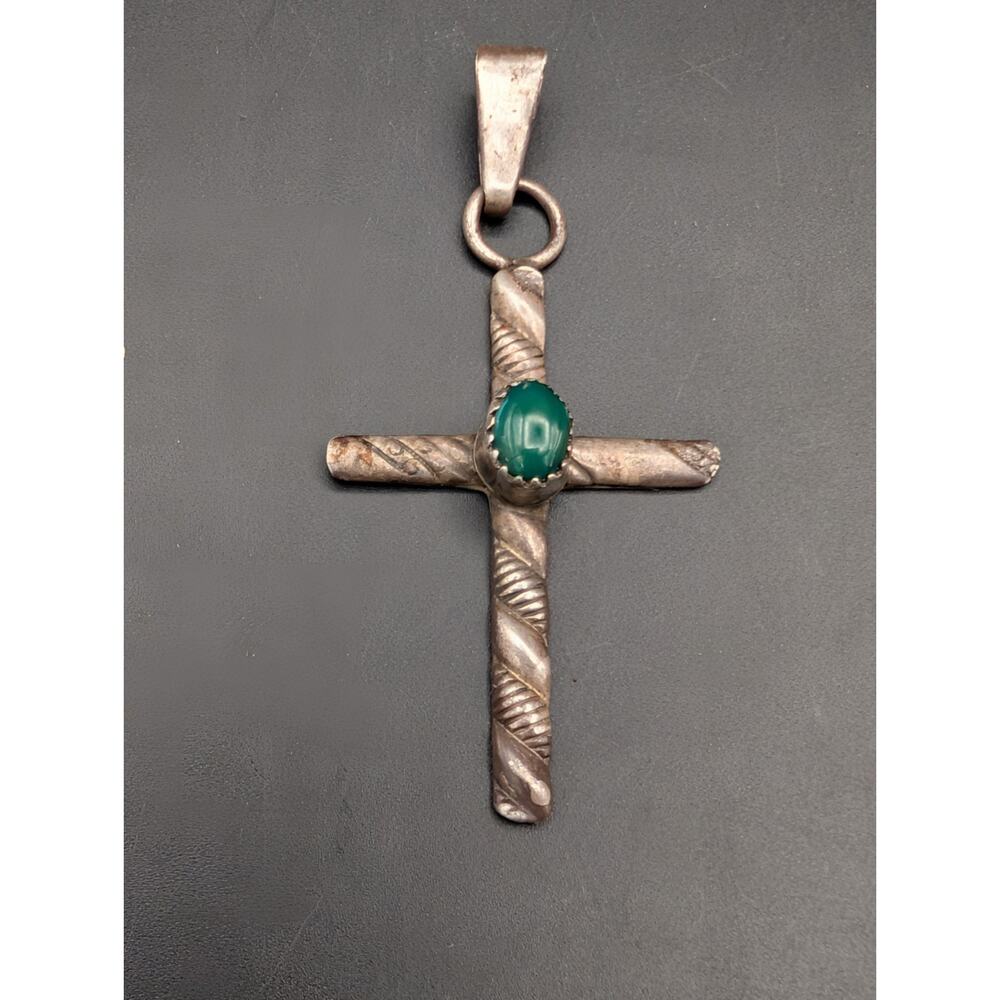 Vintage Sterling Silver Cross Pendant Little CR Signed Green Stone Southwestern